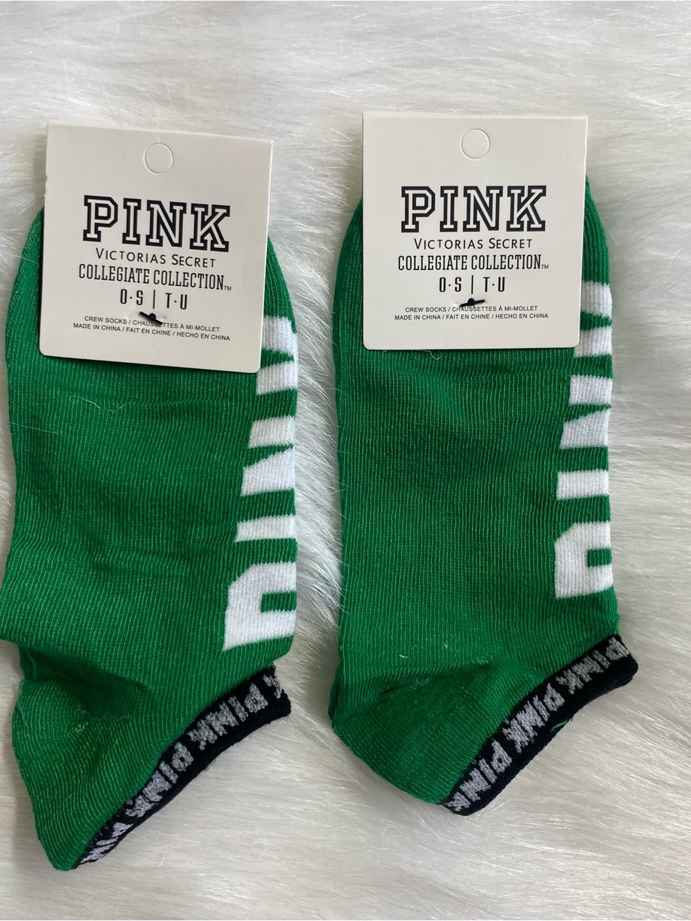 PINK Victoria's Secret Green Collegiate Ankle Socks with White Accents